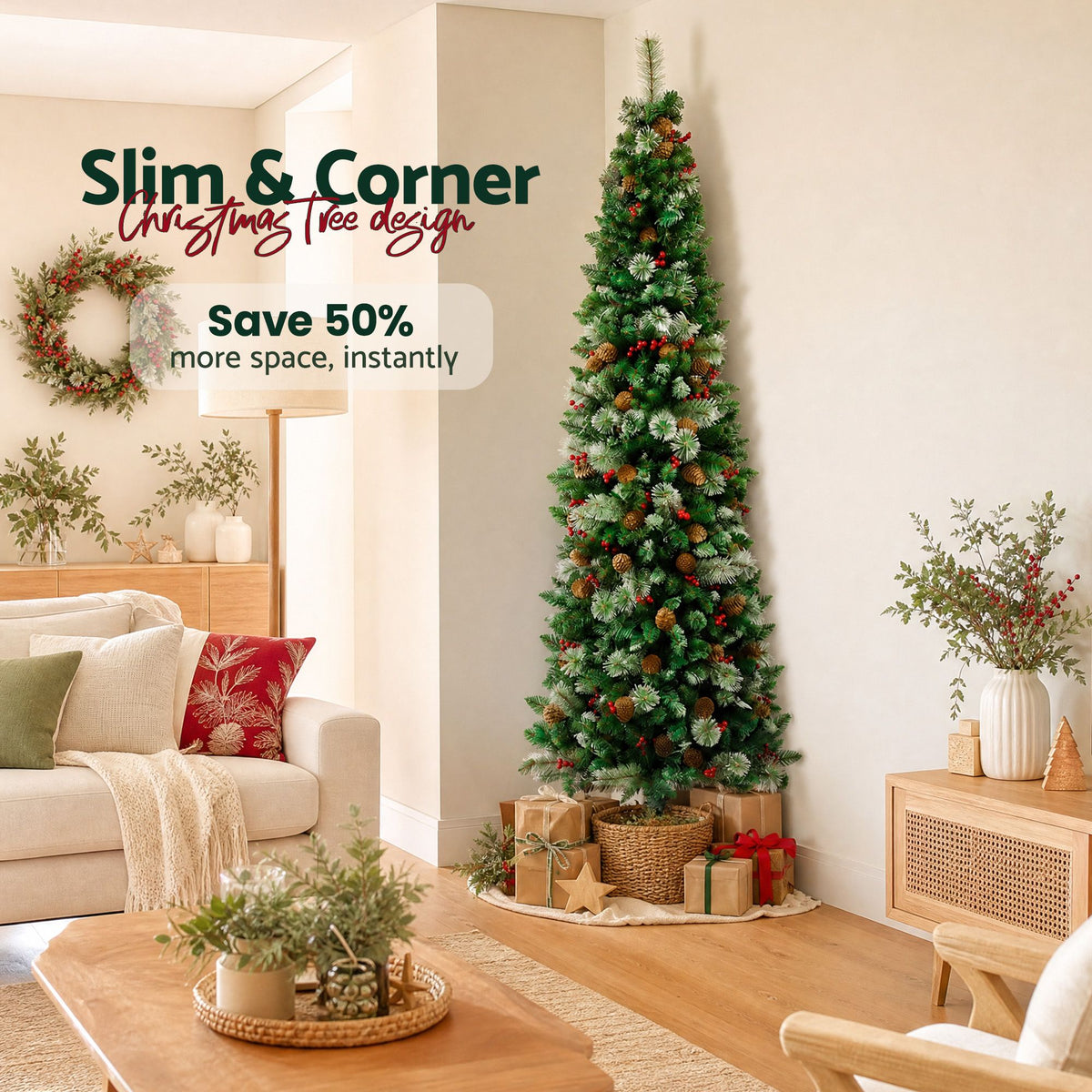 Christmas Décor | Jingle Jollys 2.1m Artificial Space-Saver Christmas Pine Tree | Green