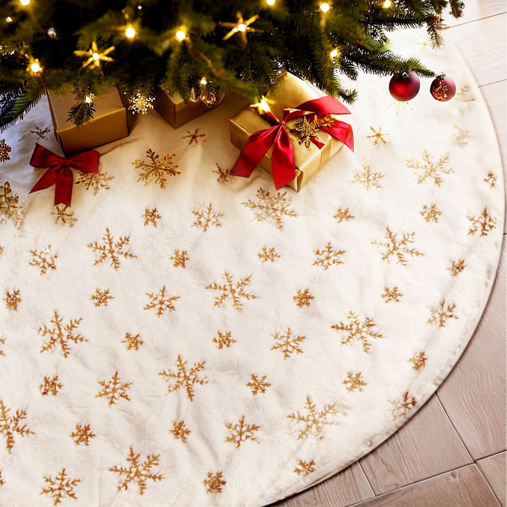 Christmas Decor | Jingle Jollys Snowflake Pattern Christmas Tree Skirt 120cm | White and Gold