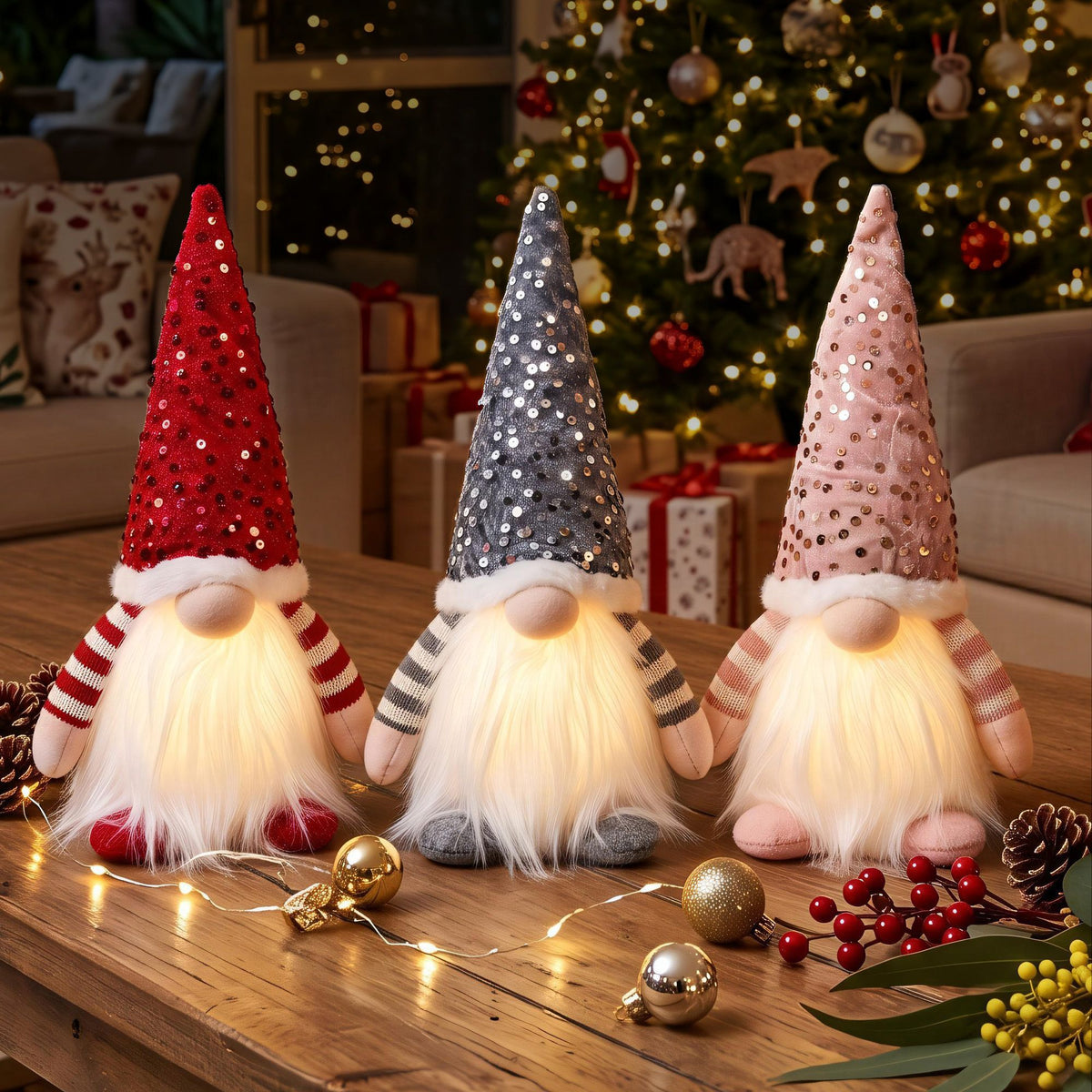 Christmas Decor | Jingle Jollys Set of 3 Christmas Gnomes Lights | Red Silver and Pink