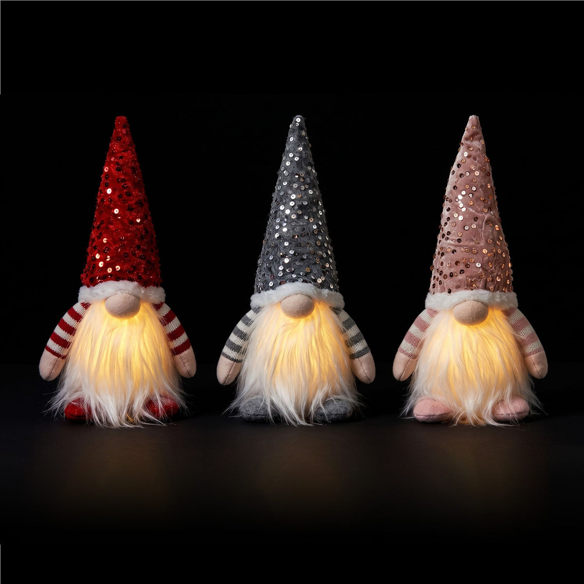 Christmas Decor | Jingle Jollys Set of 3 Christmas Gnomes Lights | Red Silver and Pink