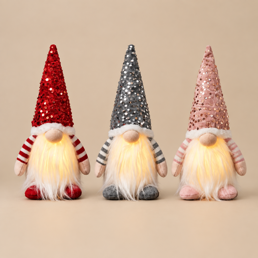 Christmas Decor | Jingle Jollys Set of 3 Christmas Gnomes Lights | Red Silver and Pink