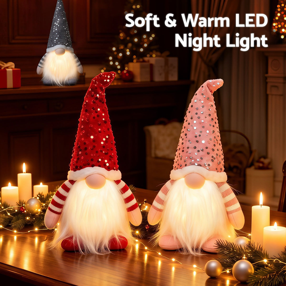 Christmas Decor | Jingle Jollys Set of 3 Christmas Gnomes Lights | Red Silver and Pink