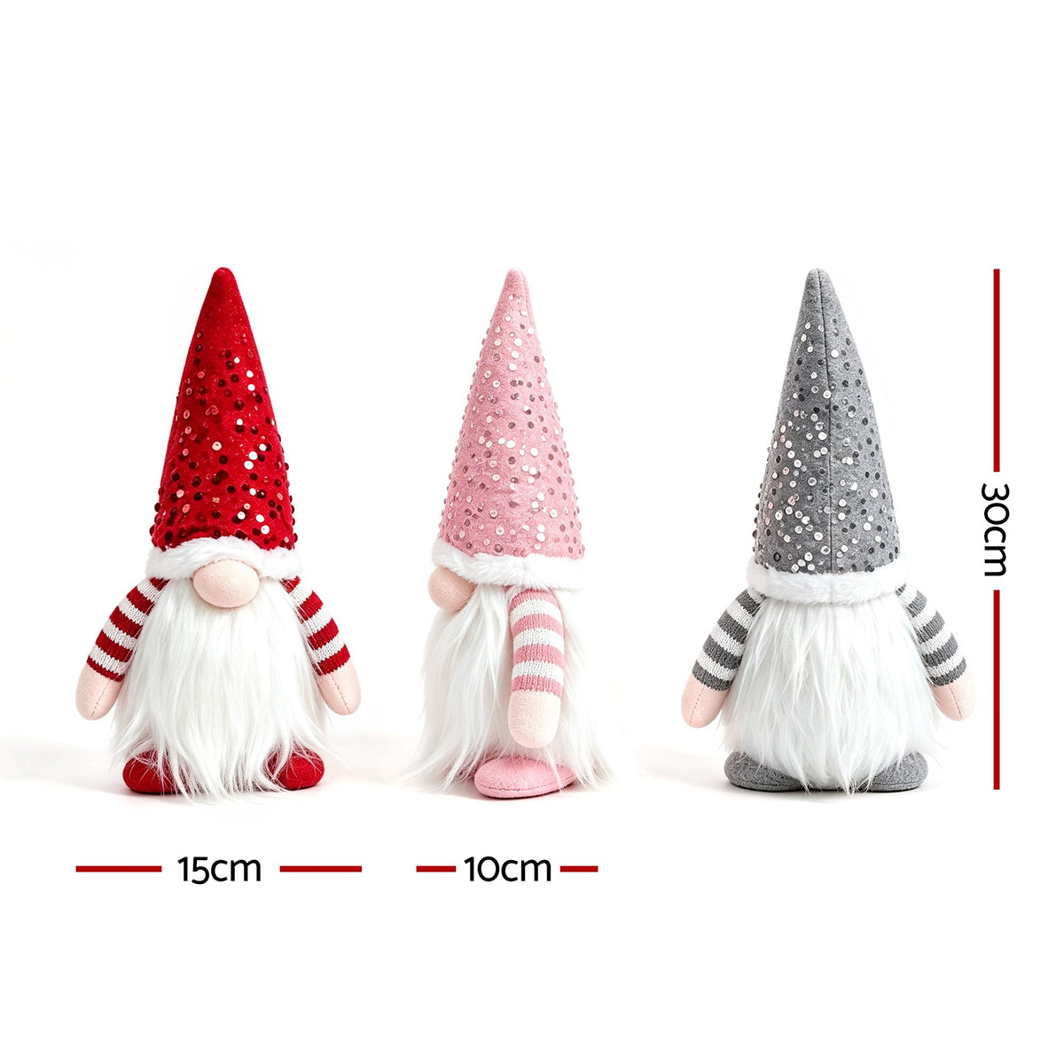 Christmas Decor | Jingle Jollys Set of 3 Christmas Gnomes Lights | Red Silver and Pink
