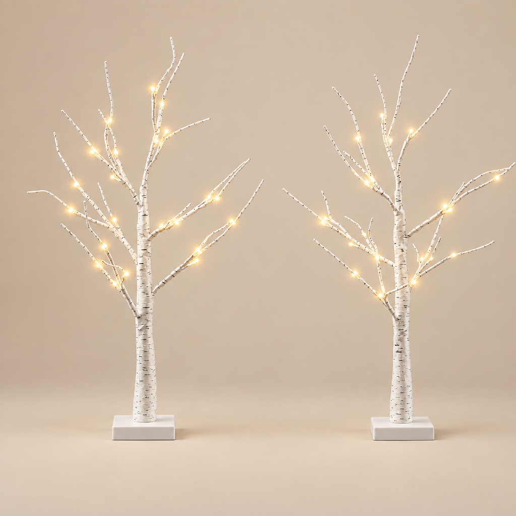 Two decorative white birch-style tree lights with warm glowing fairy lights, displayed side by side on a beige background.