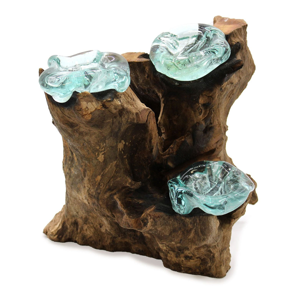 Candle Holder | Molten Glass Triple Candle Holder On Wood | Glass and Wood