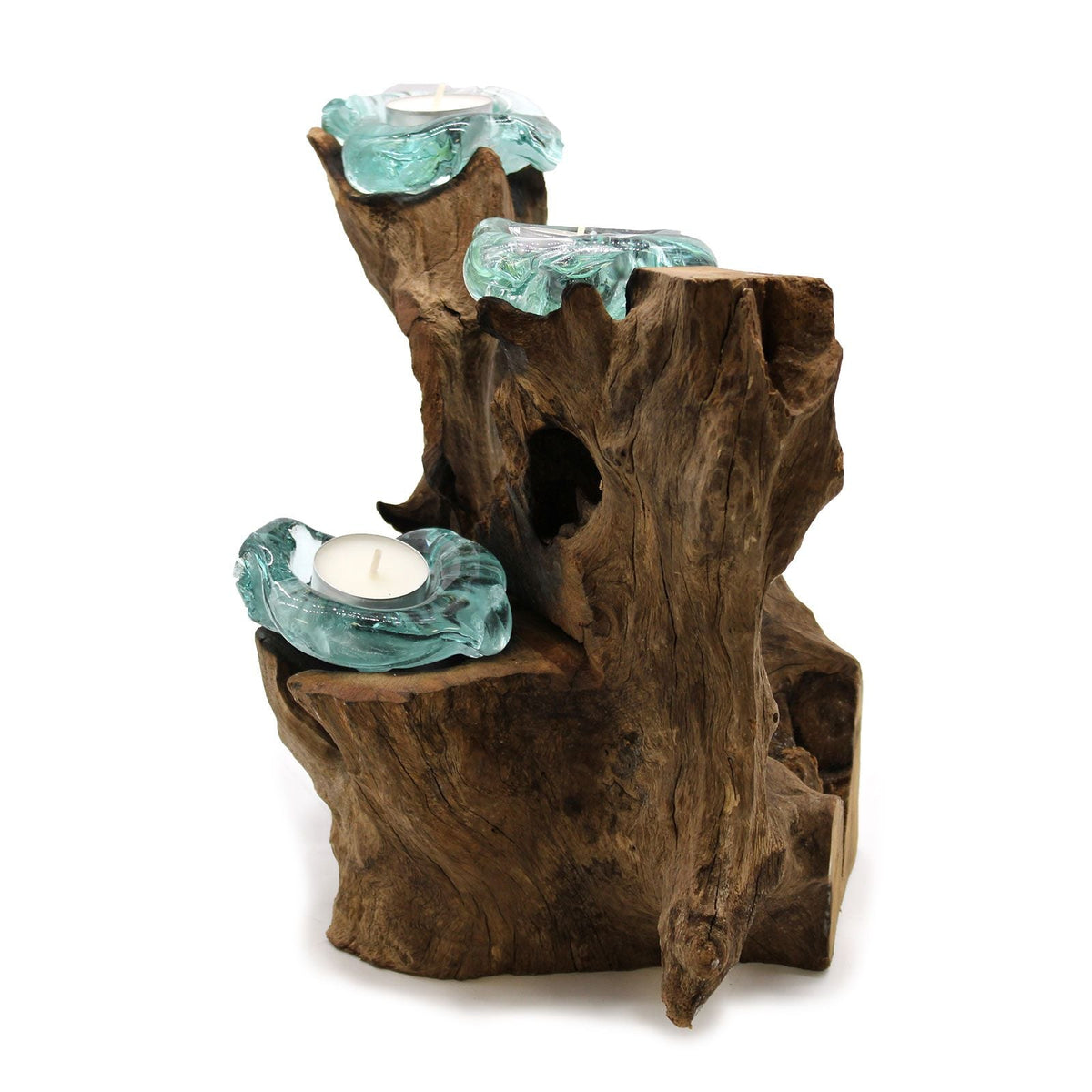 Candle Holder | Molten Glass Triple Candle Holder On Wood | Glass and Wood