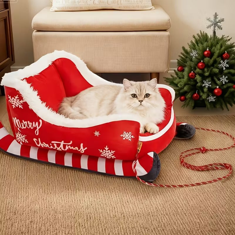 Holiday Christmas Plush Sled Dog Bed Red-3